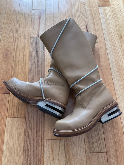 Dirk Bikkembergs Knee High ‘Bungee Cord’ Wraparound Brown Leather Metal Heel Boots.