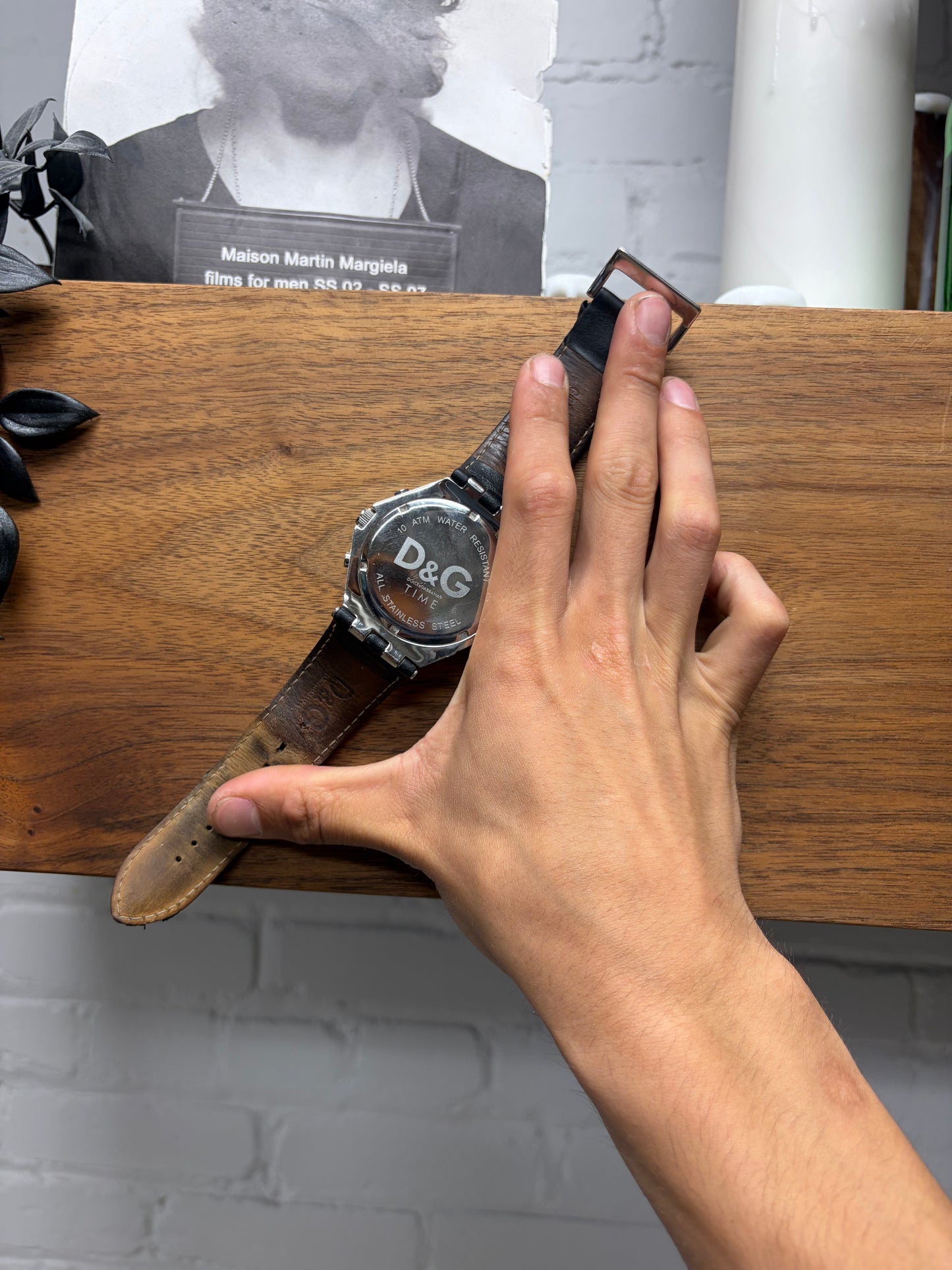 Dolce & Gabbana ‘Triple Chronograph’ Silver Tone Watch with Black Leather Strap