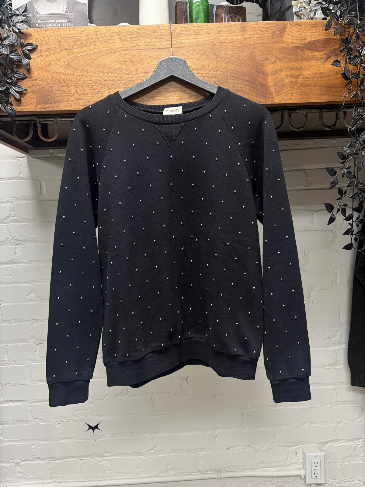 2015 Saint Laurent by Hedi Slimane ‘Studded’ Silver Tone Metal/Black Crewneck Sweatshirt