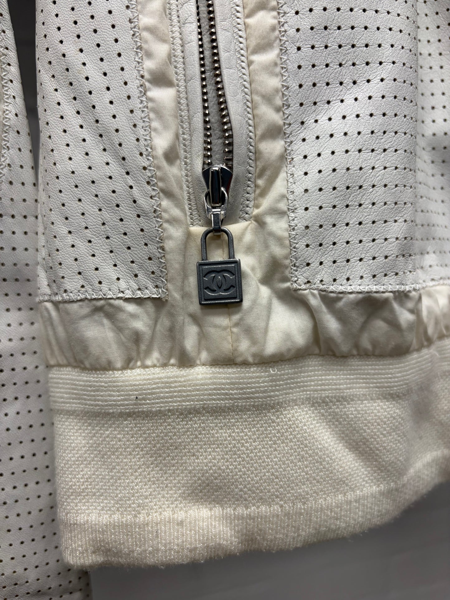 Chanel Identification ‘Perforated Logo’ Cream White Panelled Moto Racing Jacket