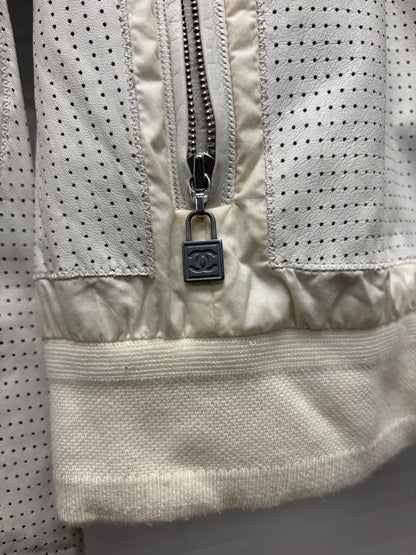 Chanel Identification ‘Perforated Logo’ Cream White Panelled Moto Racing Jacket