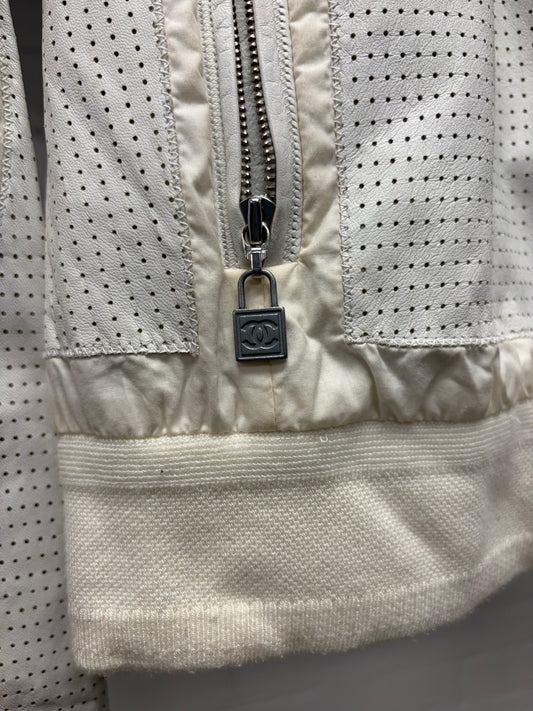 Chanel Identification ‘Perforated Logo’ Cream White Panelled Moto Racing Jacket