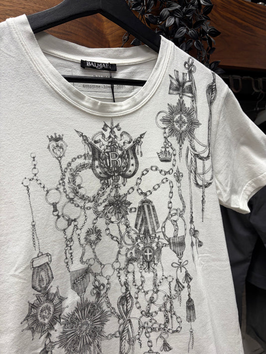 AW2016 Balmain ‘Dangling Chains’ Black/White Graphic T-Shirt