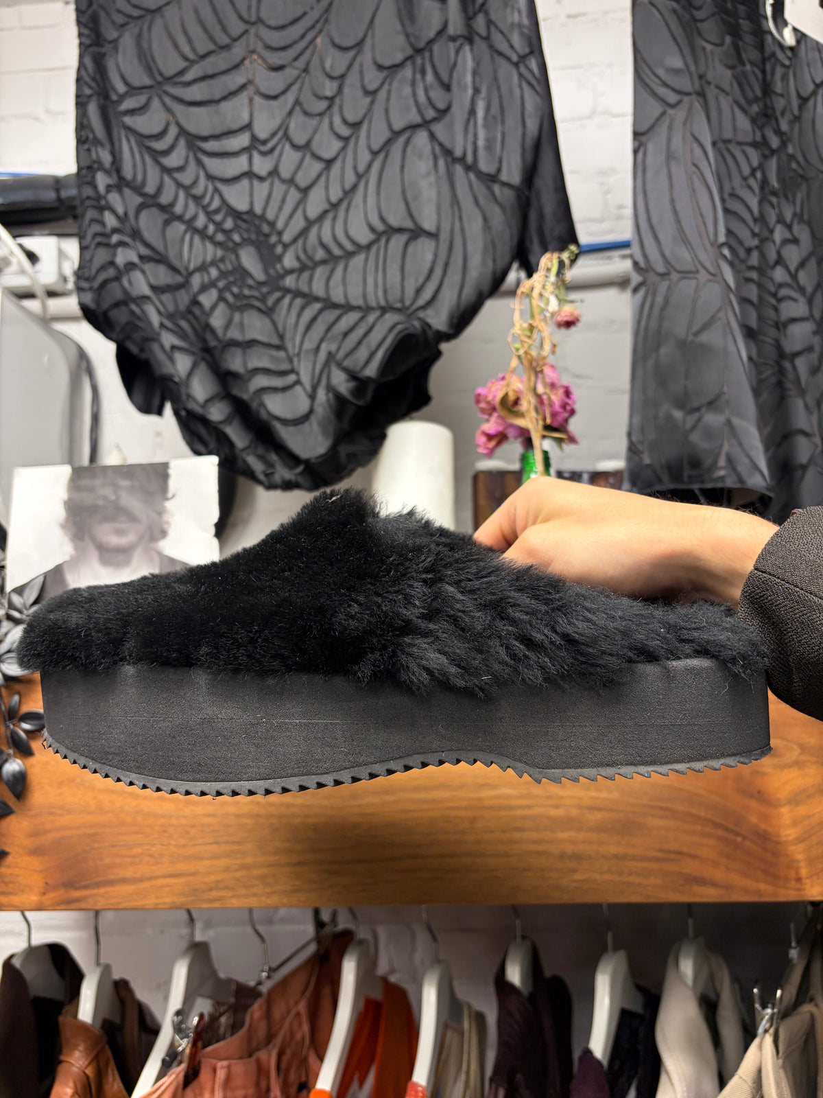 Dries Van Noten Black Shearling Fur Platform Sole Mules