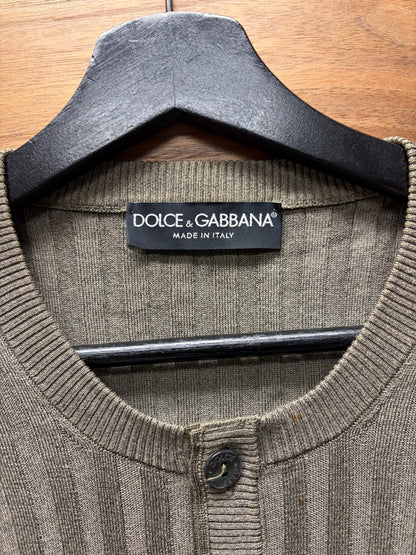 Dolce & Gabbana ‘Mainline’ Glossy Brown Ribbed Henley Slim Fit Sweater