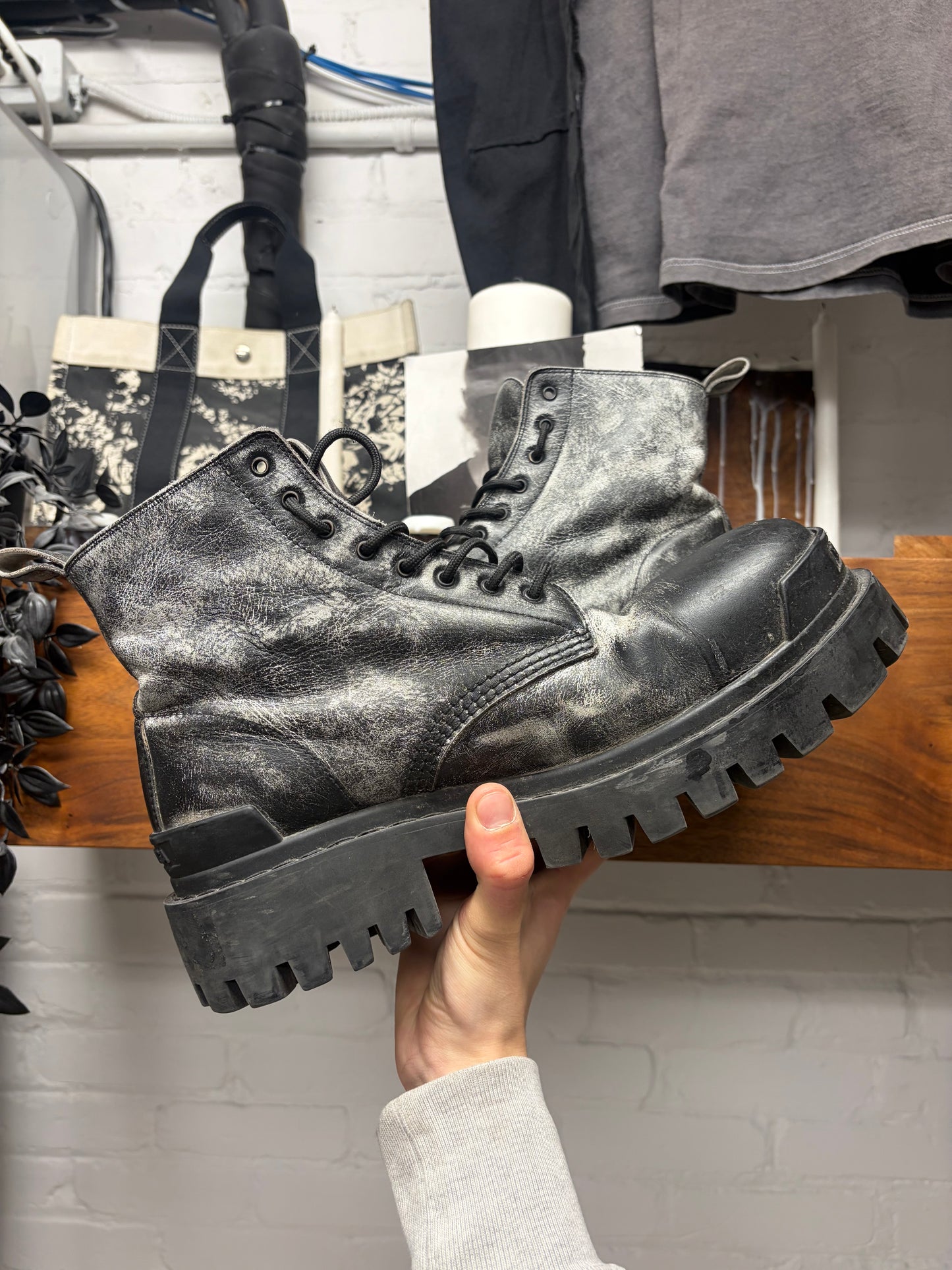 Balenciaga Distressed Black Leather ‘Strike’ Combat Boots