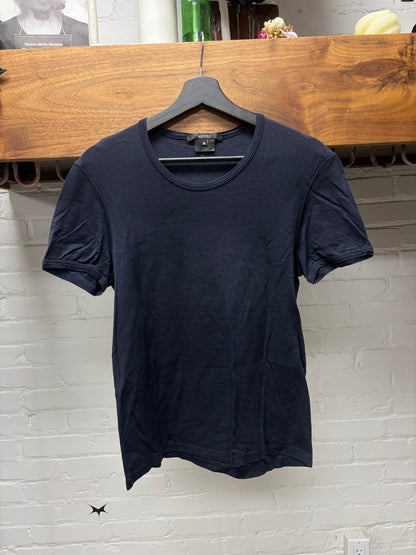 Gucci Blank Navy Blue Cotton T-Shirt with Ribbed Cuff Sleeves