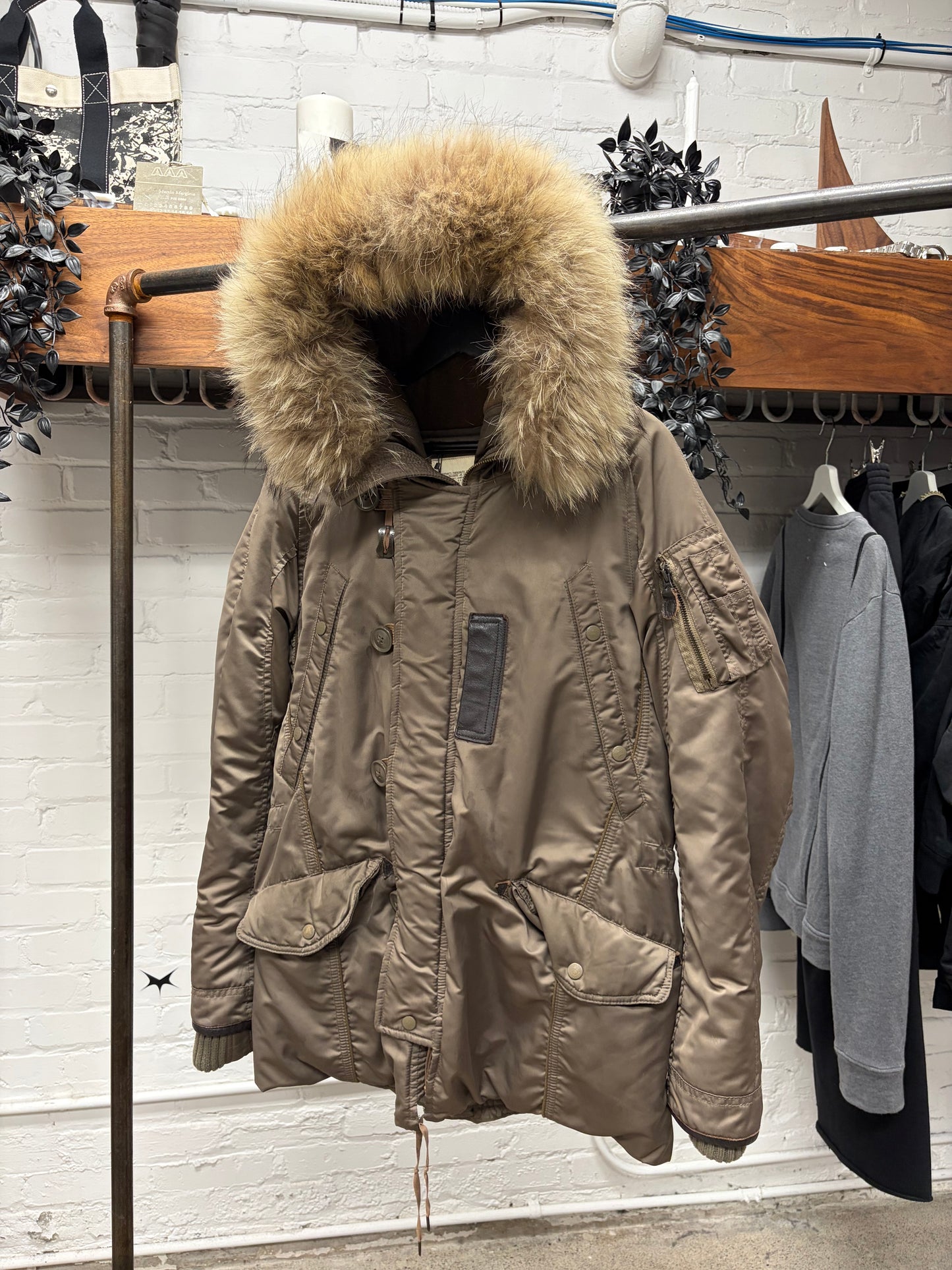 G.O.A. Fur Hooded Brown Military Long Bomber Coat