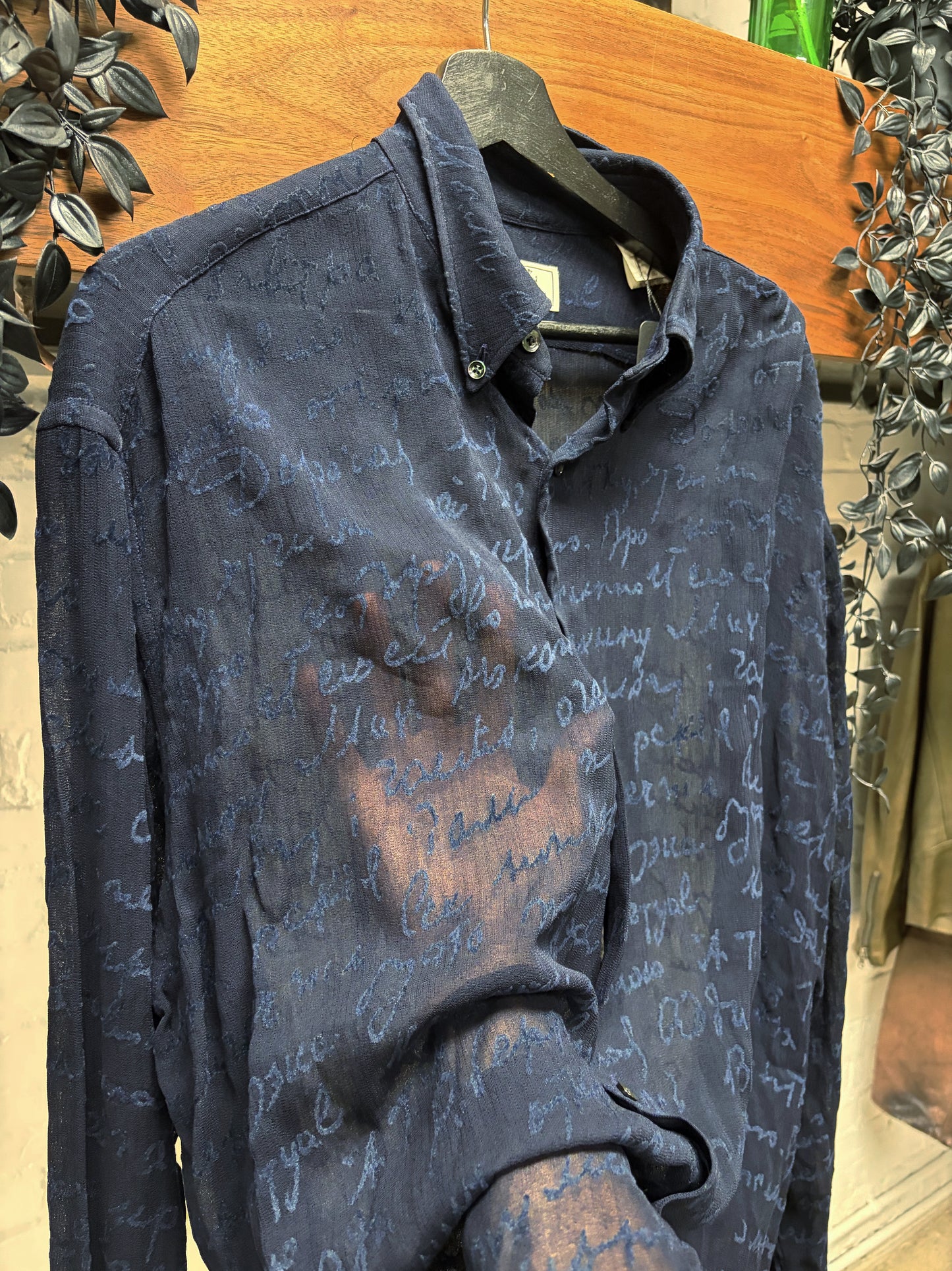 Hermes Silk ‘Cursive Scripture’ Embroidered Linen Button Down Shirt