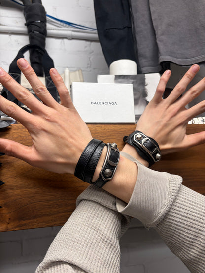 Balenciaga ‘Tour’ Triple Wrapped Black Calfskin Leather/Silver Stud Bracelet