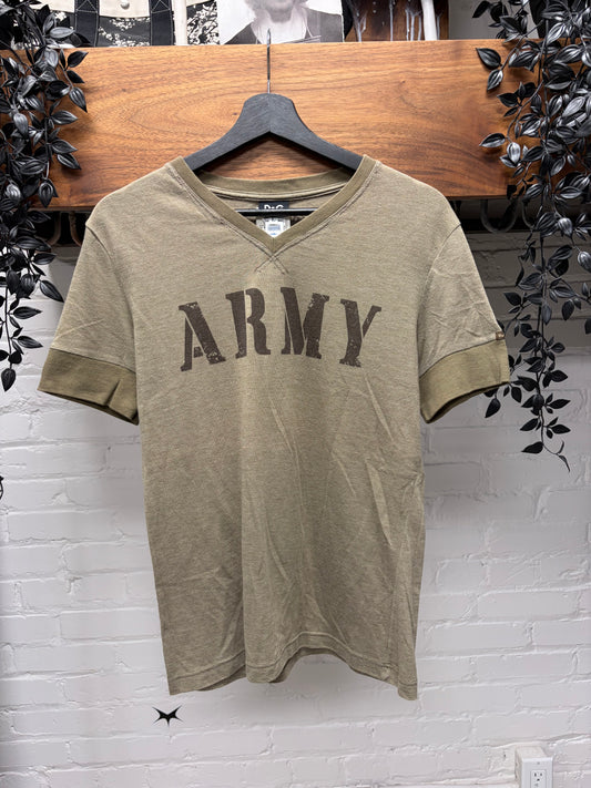 2000s Dolce & Gabbana ‘Army Training’ Brown ‘Ringer’ V-Neck Shirt