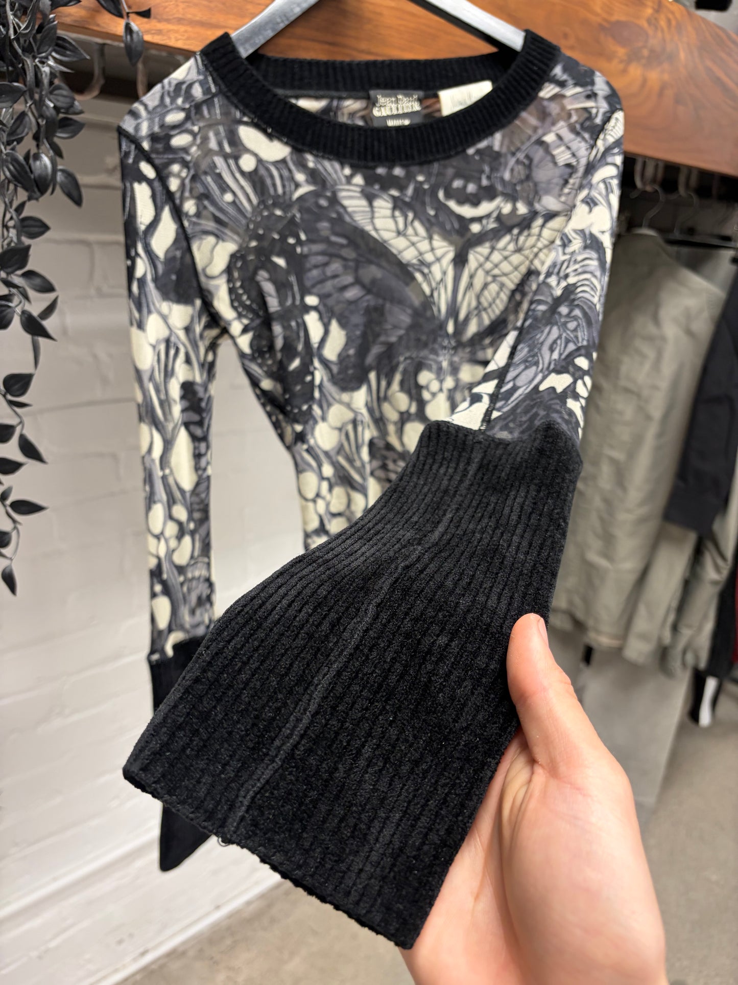 2007 Jean Paul Gaultier ‘Neiman Marcus Exclusive’ Butterfly Mesh Top with Ribbed Velour Cuffs