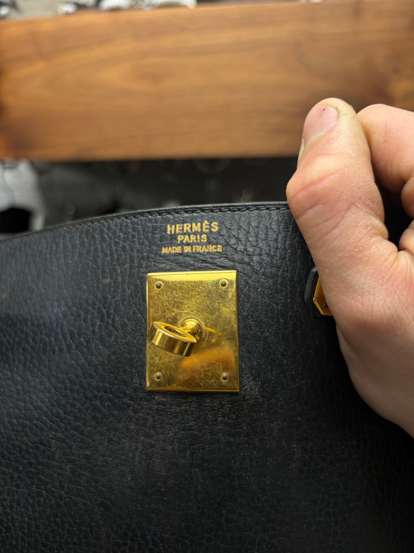 1991 Hermes ‘Kelly 35’ Retourne Black Calfskin/Gold Hardware Handbag