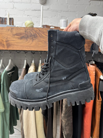 Balenciaga Black Distressed Canvas ‘Strike’ Combat Boots