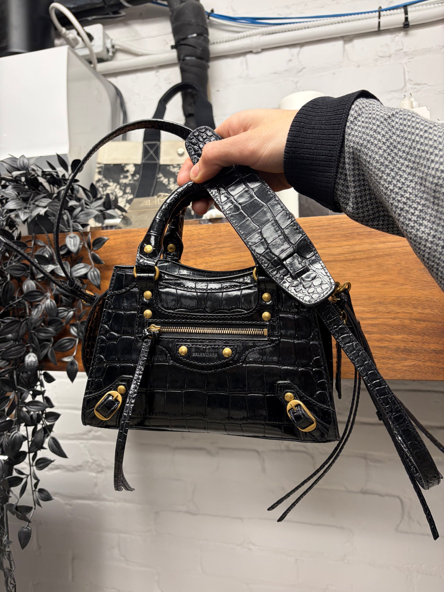 Balenciaga ‘Neo Classic’ Black Croc Embossed Leather ‘Mini-City’ Tote With Crossbody Strap