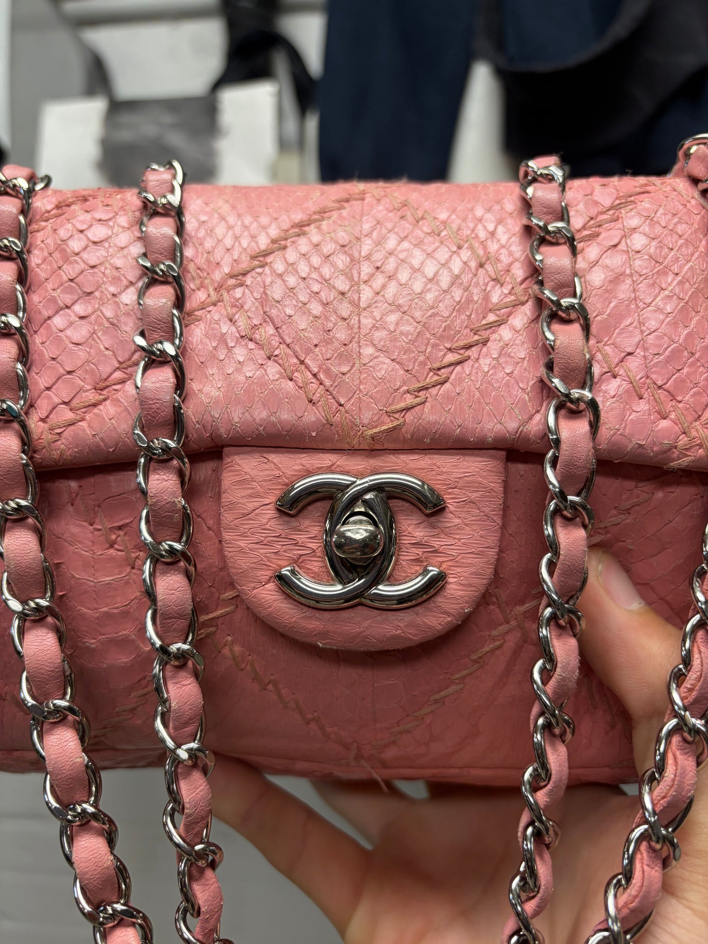 Chanel Pink Python Leather Classic ‘Flap Bag’ with Silver Hardware