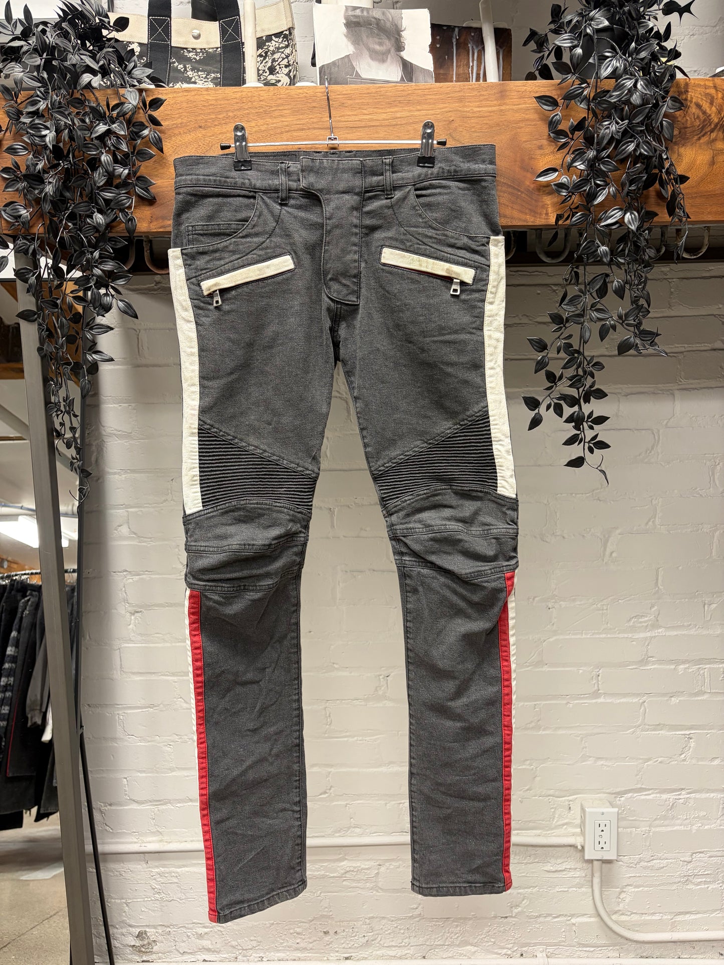 Balmain Dirty Black Biker Knee Skinny Jeans
