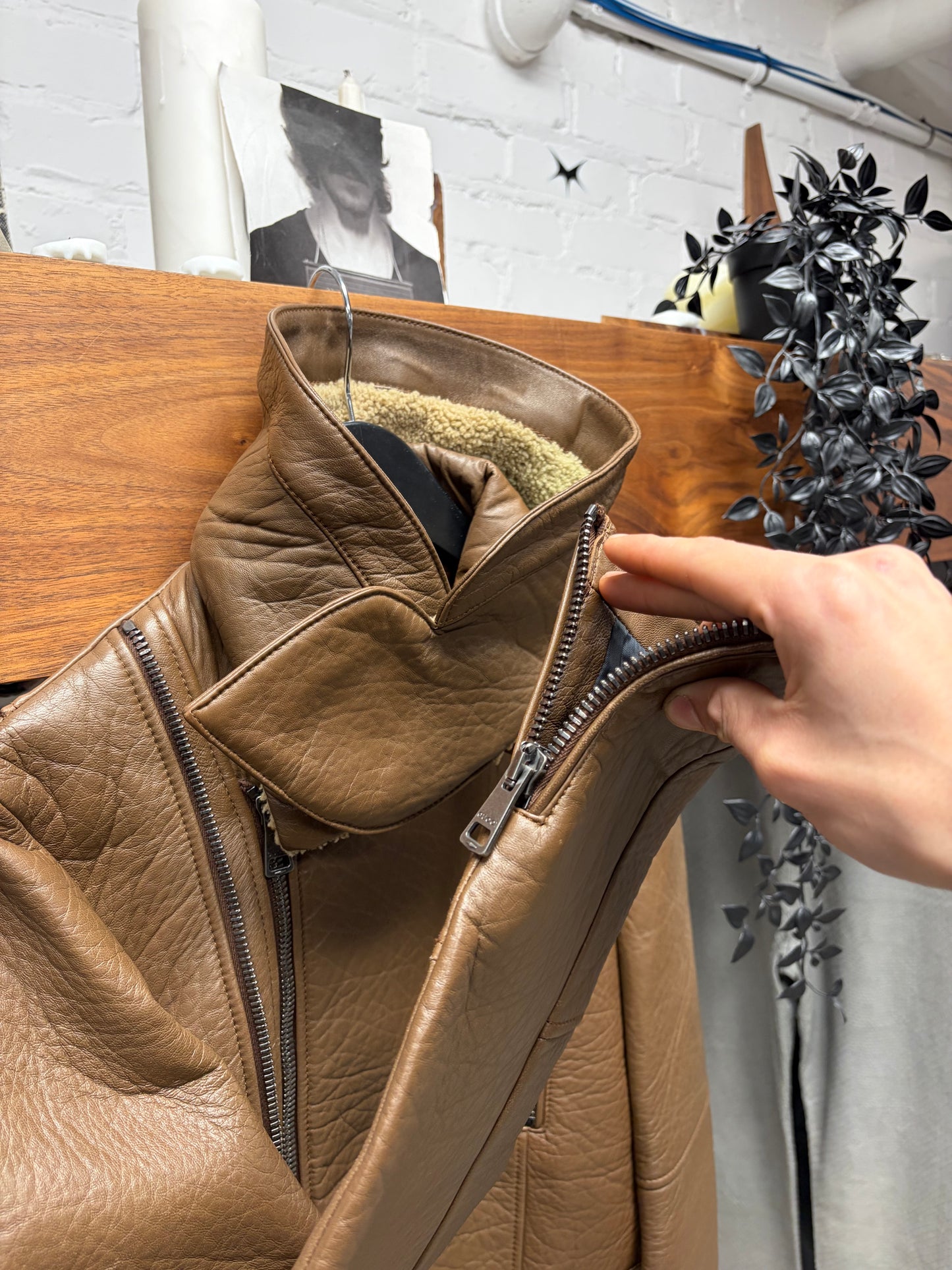 Gucci by Frida Giannini Brown Lambskin ‘Double Collared’ Shearling Trim Biker Jacket