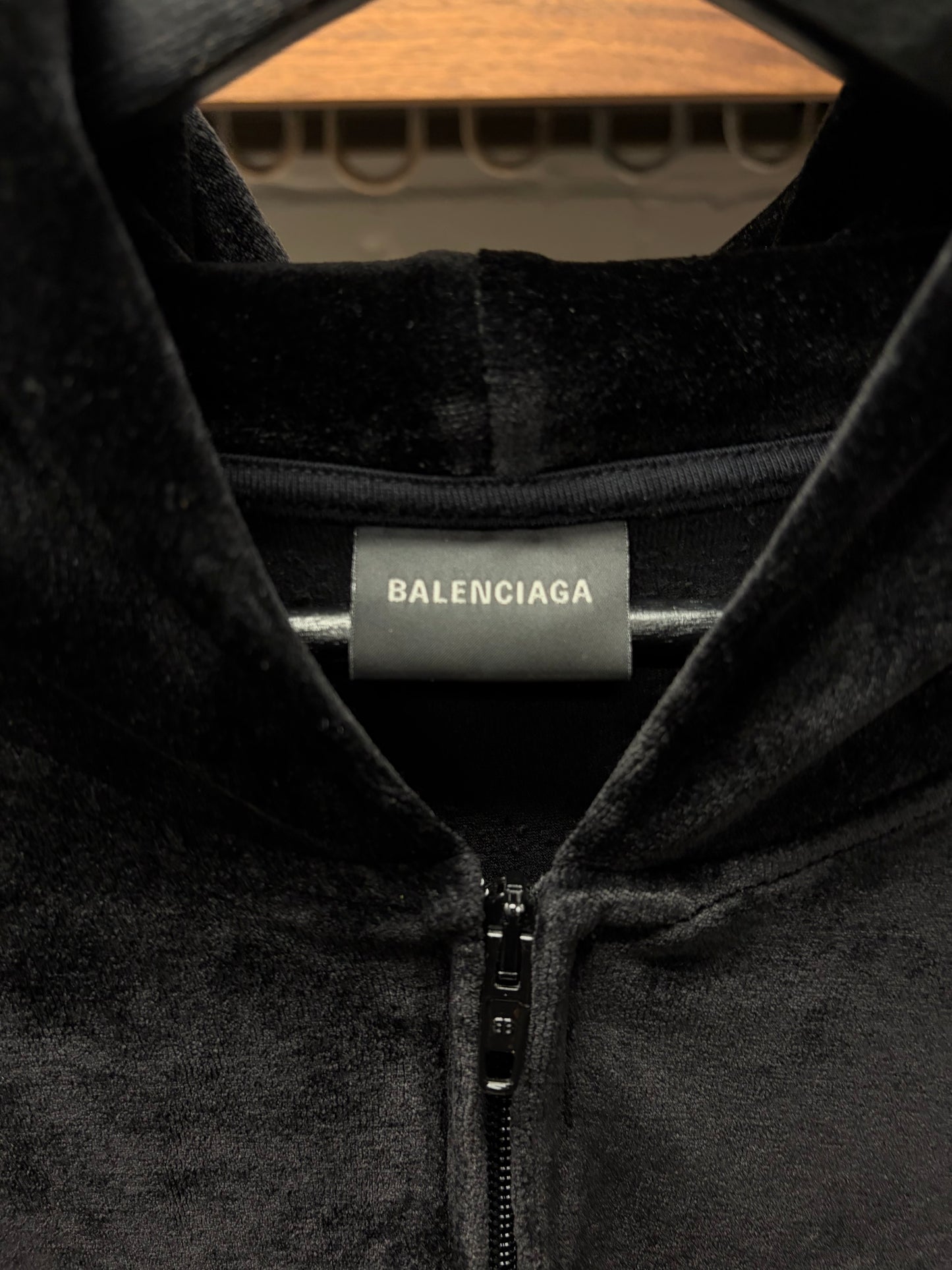 2022 Balenciaga ‘BB Rhinestone Logo’ Black Velour Hoodie