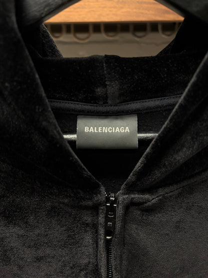 2022 Balenciaga ‘BB Rhinestone Logo’ Black Velour Hoodie