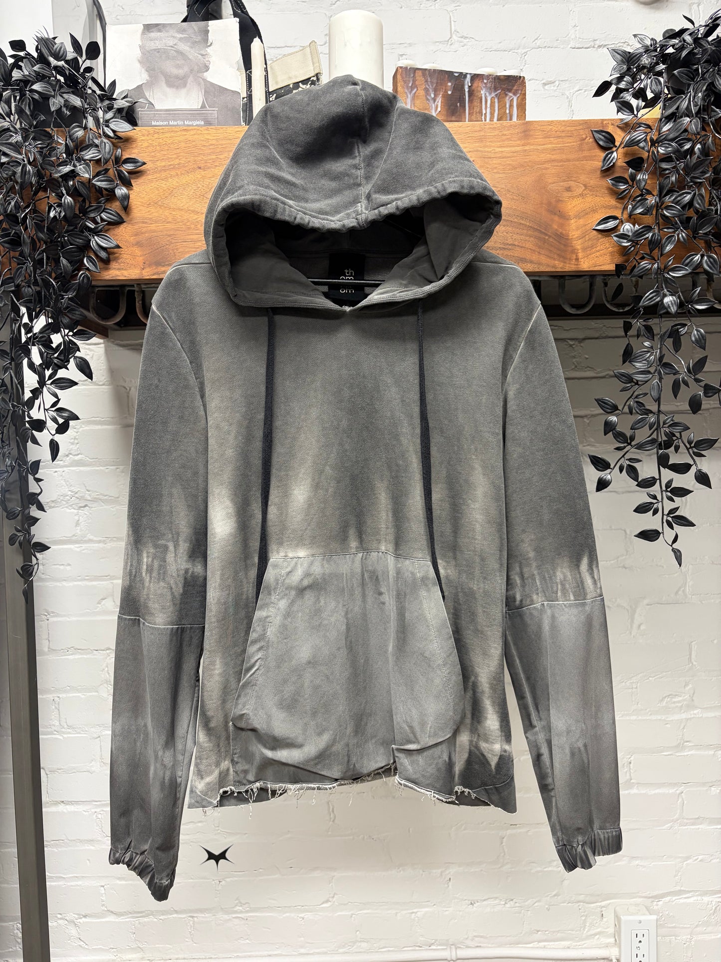 Thom Krom Dyed Grey Scar-Stitch Patched Pullover Hoodie