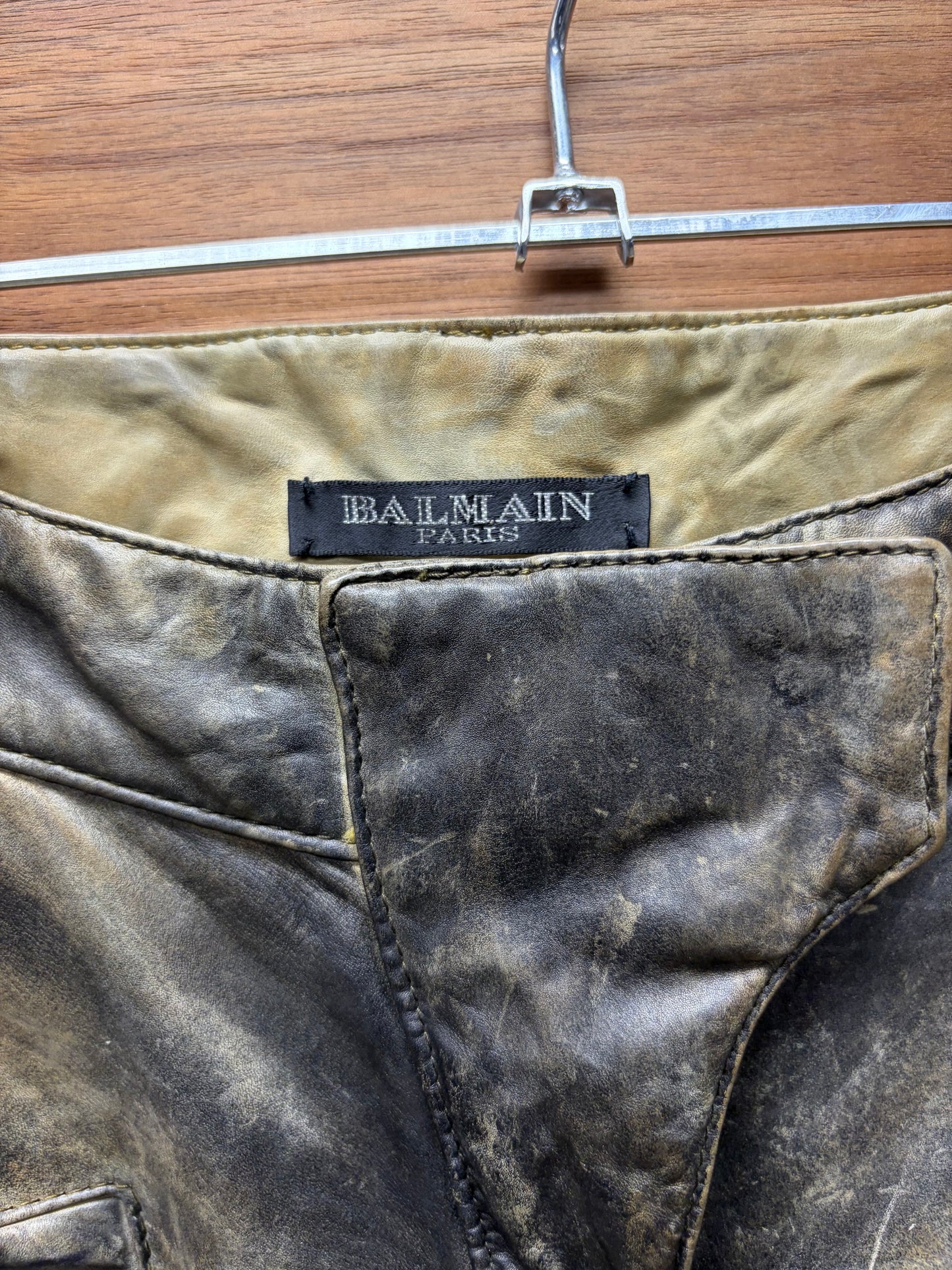 Balmain ‘Oil Spill’ Waxed Leather Biker-Knee Skinny Moto Pants