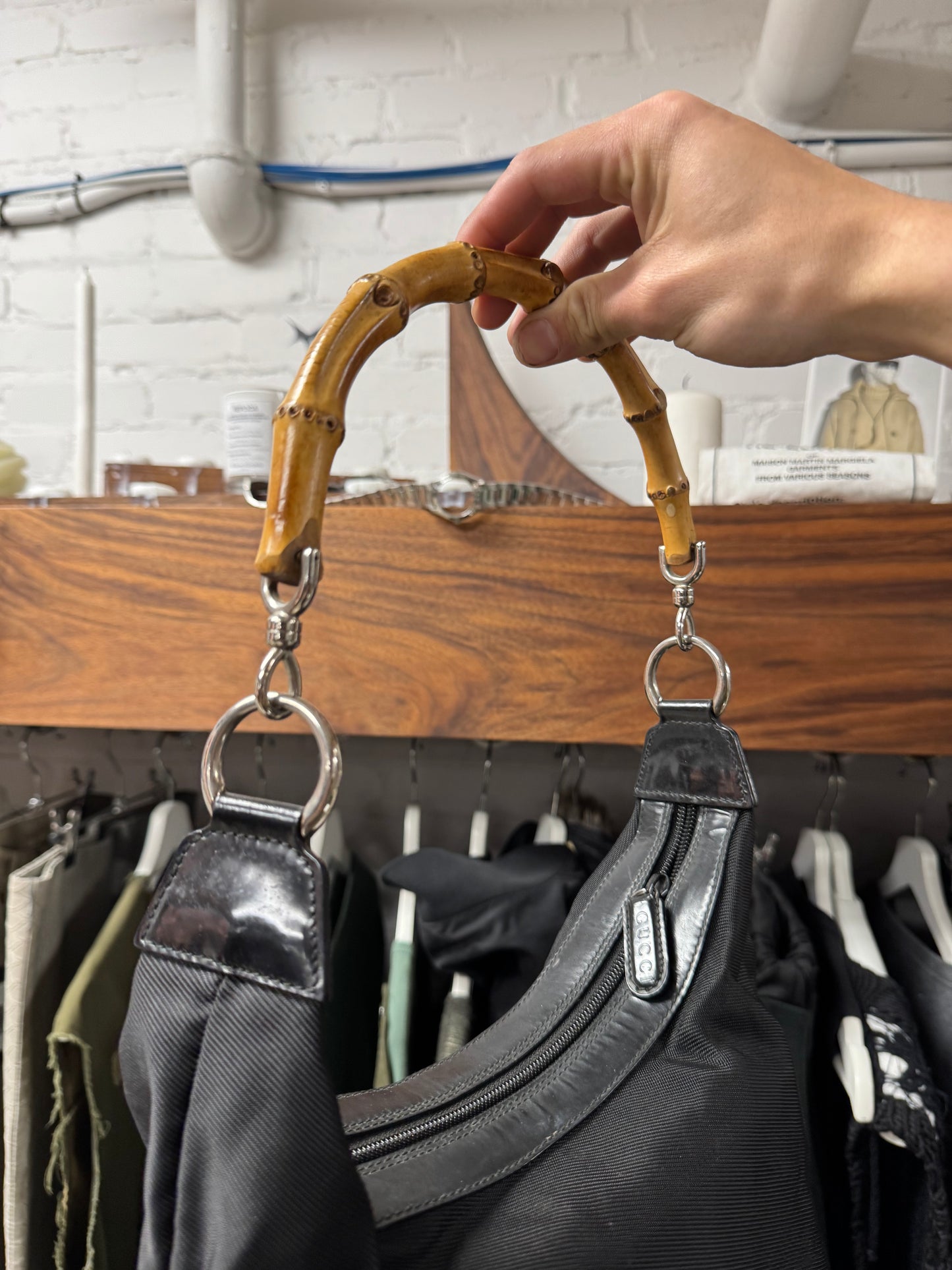 Vintage Gucci Black Nylon/Bamboo Handle ‘Hobo’ Shoulder Bag