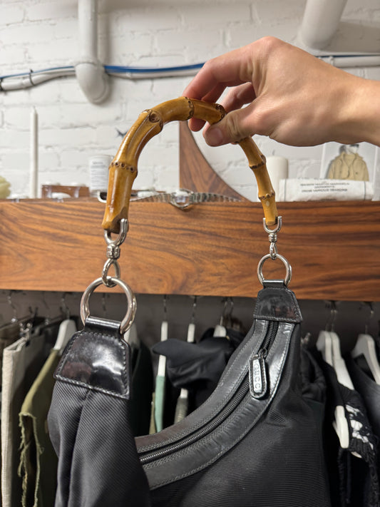 Vintage Gucci Black Nylon/Bamboo Handle ‘Hobo’ Shoulder Bag