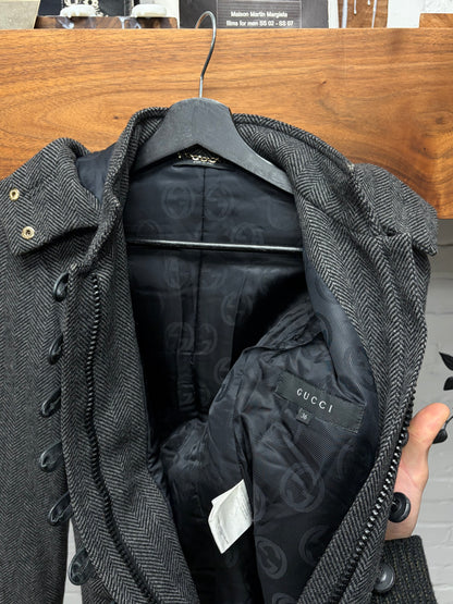 2006 Gucci by Frida Giannini Herringbone ‘Leather-Bound Closure’ Cropped Hooded Jacket