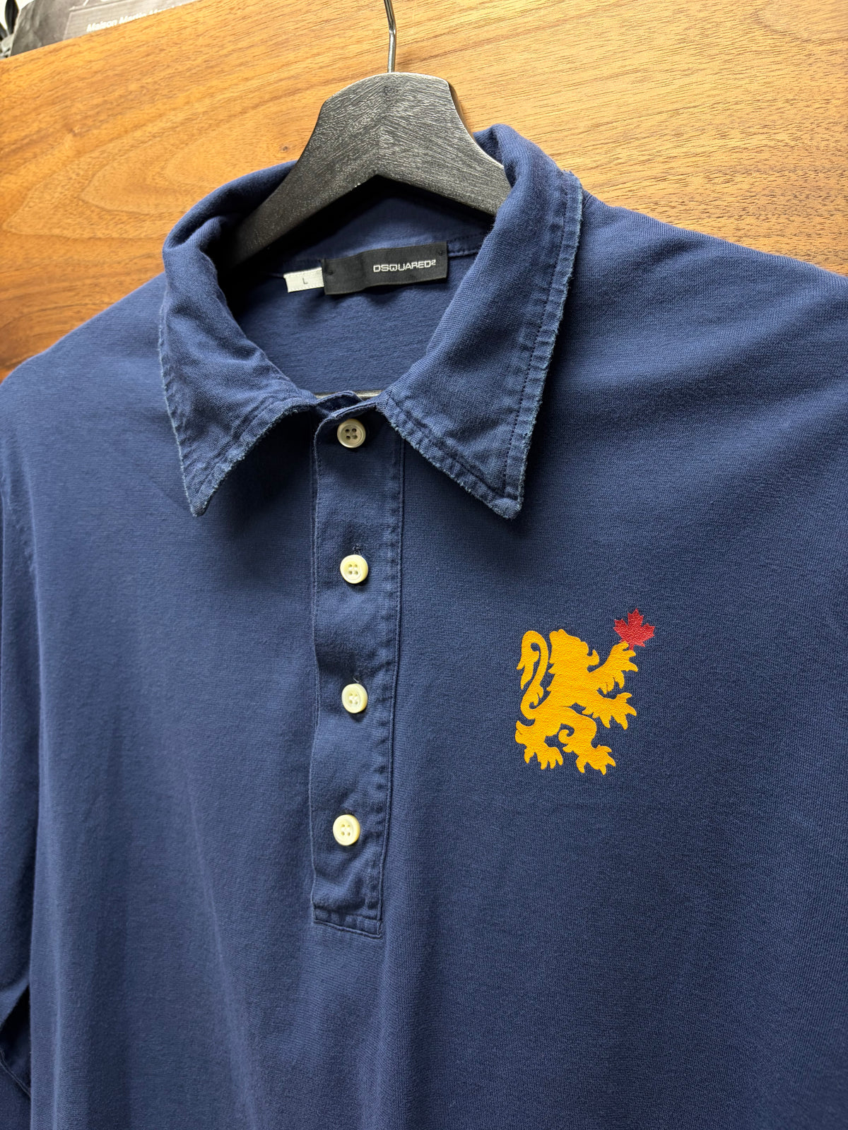 AW2006 Dsquared2 'Duke' Blue Lion Crest Distressed Long Sleeve Polo