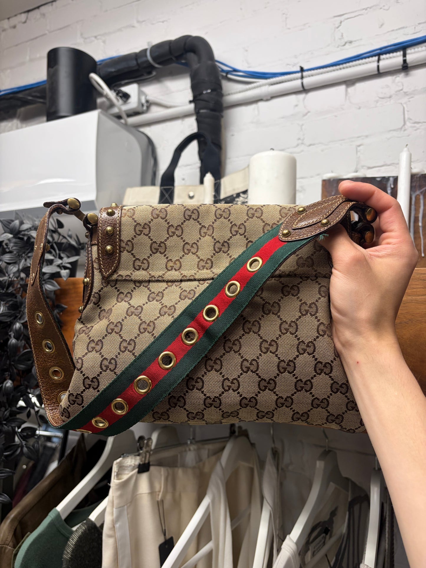 Gucci Canvas Monogram Studded ‘Pelham’ Runway Flap Bag