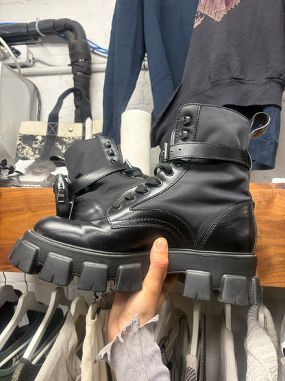 Prada ‘Monolith’ Brushed Black Leather Re-Nylon Combat Boots