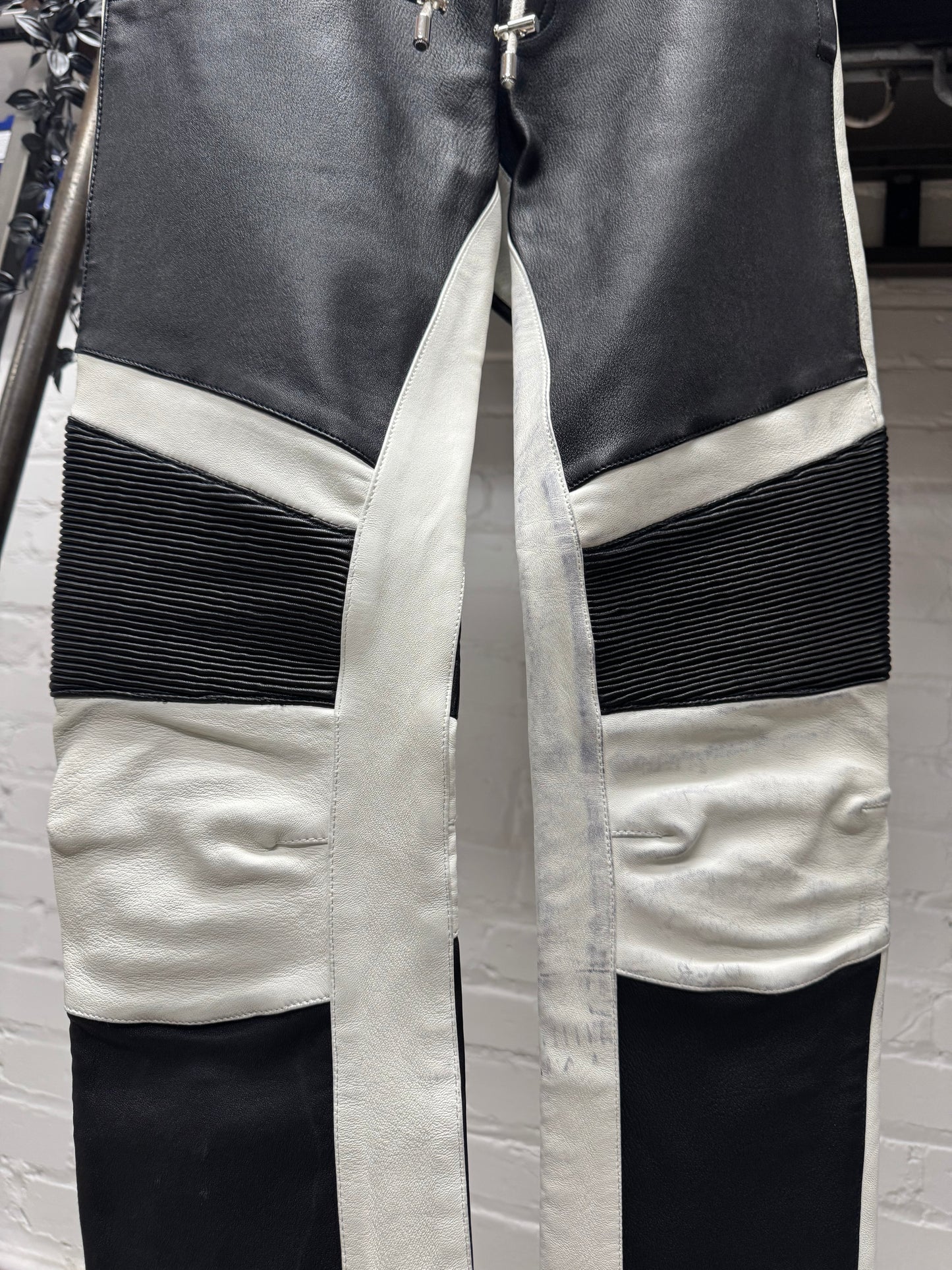 Balmain Pleated Black/White Leather Panelled Biker Pants