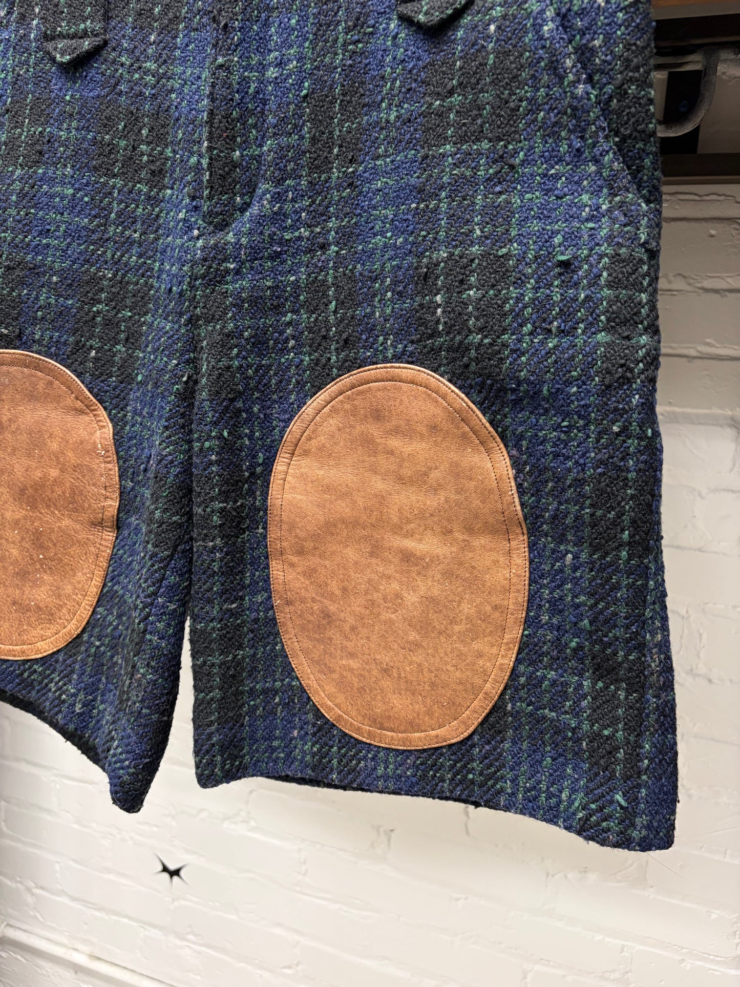 Vintage 90s Issey Miyake Blue/Green Plaid Tweed Shorts with Leather Knee Patches
