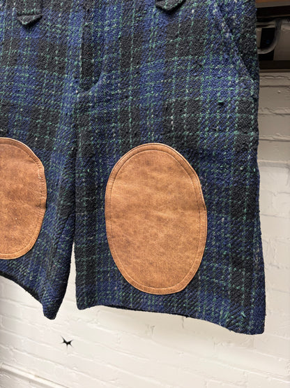 Vintage 90s Issey Miyake Blue/Green Plaid Tweed Shorts with Leather Knee Patches