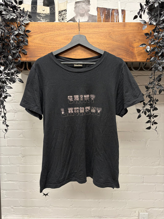 2018 Saint Laurent ‘Western’ Black Cropped Graphic T-Shirt.