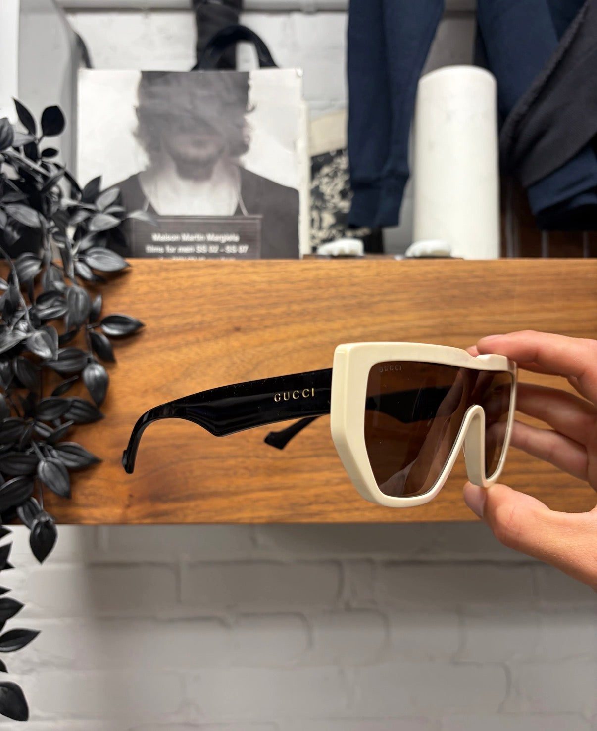 Gucci Ivory/Black Gold Tinted Squared Shape Sunglasses