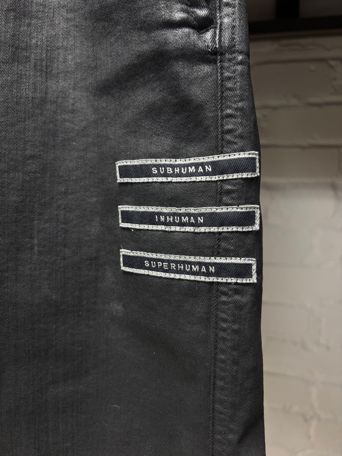 AW2017 Rick Owens 'Glitter' Waxed Black 'Subhuman' Patch Cropped
Drop Crotch Pants