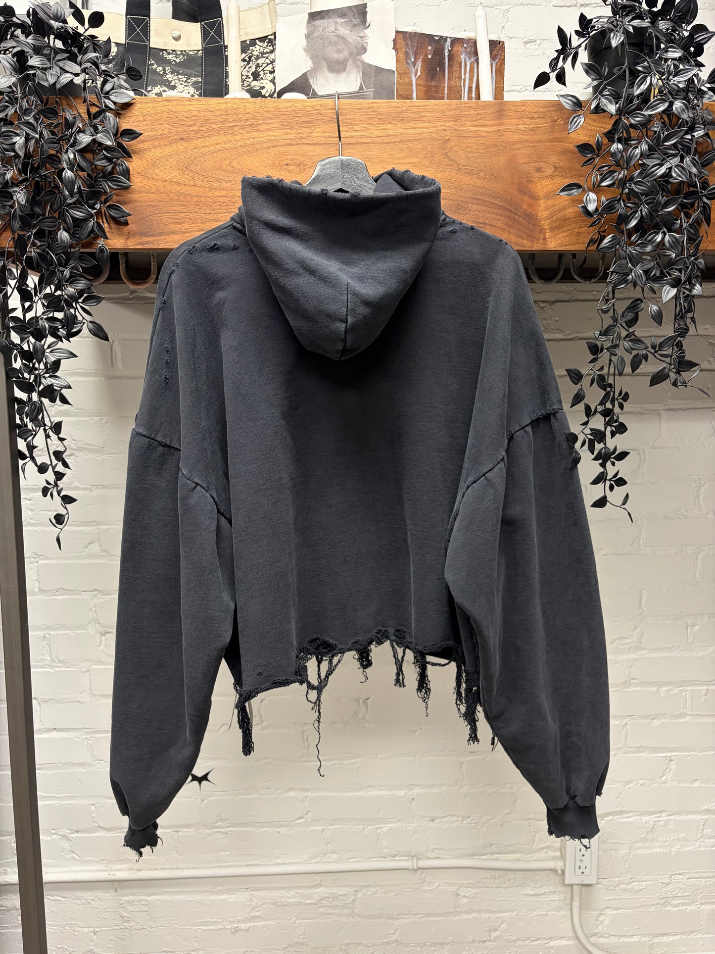 SS2025 Balenciaga Destroyed Distressed Cropped Black Heavy Cotton Logo Hoodie