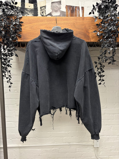 SS2025 Balenciaga Destroyed Distressed Cropped Black Heavy Cotton Logo Hoodie
