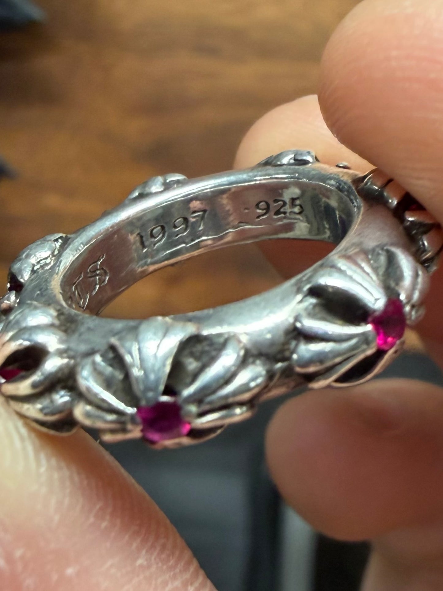 Chrome Hearts ‘Cross Band’ 925 Silver Ring with Factory Set Ruby Stones