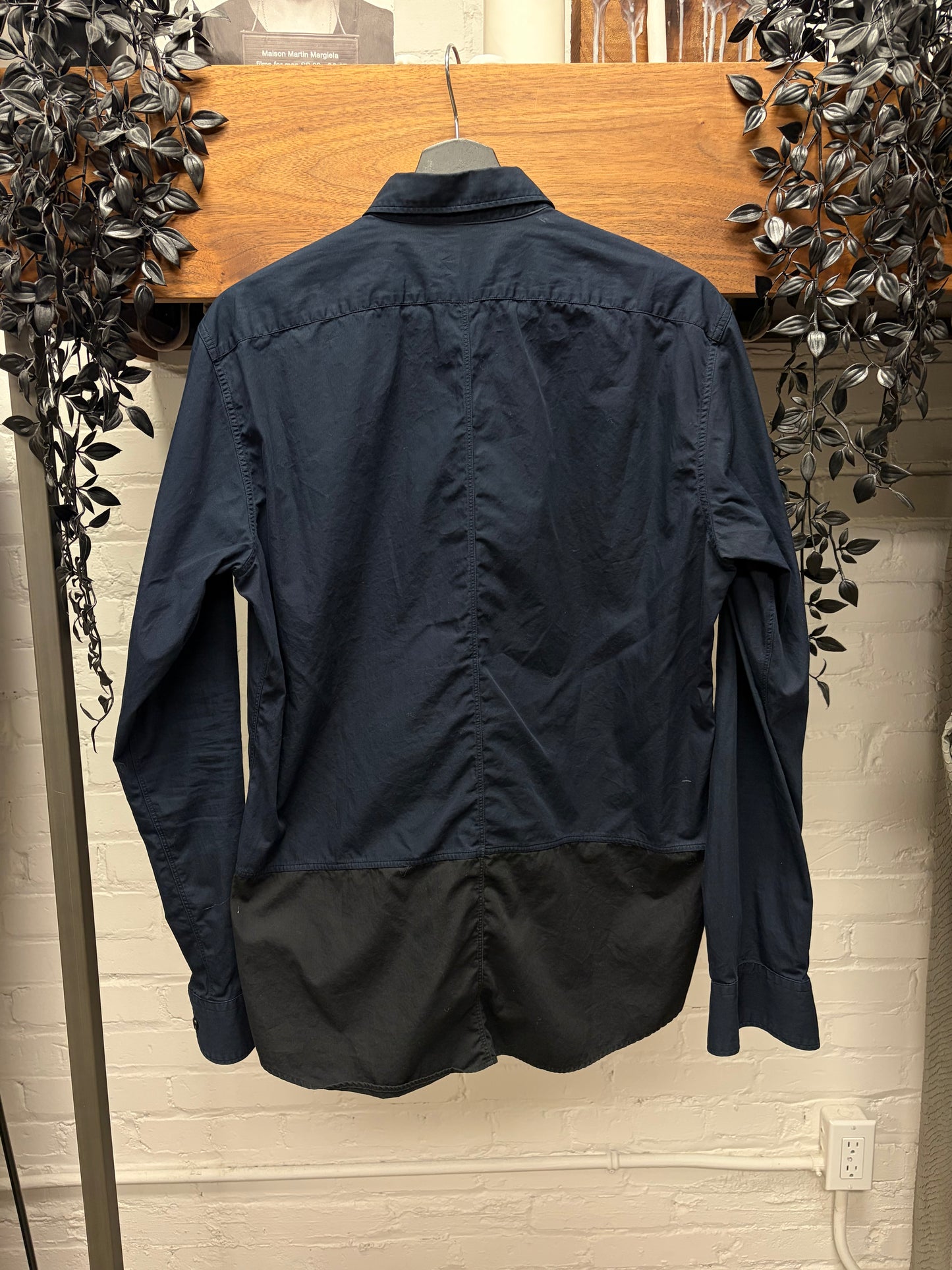 Dries Van Noten Navy Blue Button Up Shirt with Black Bottom Hem
