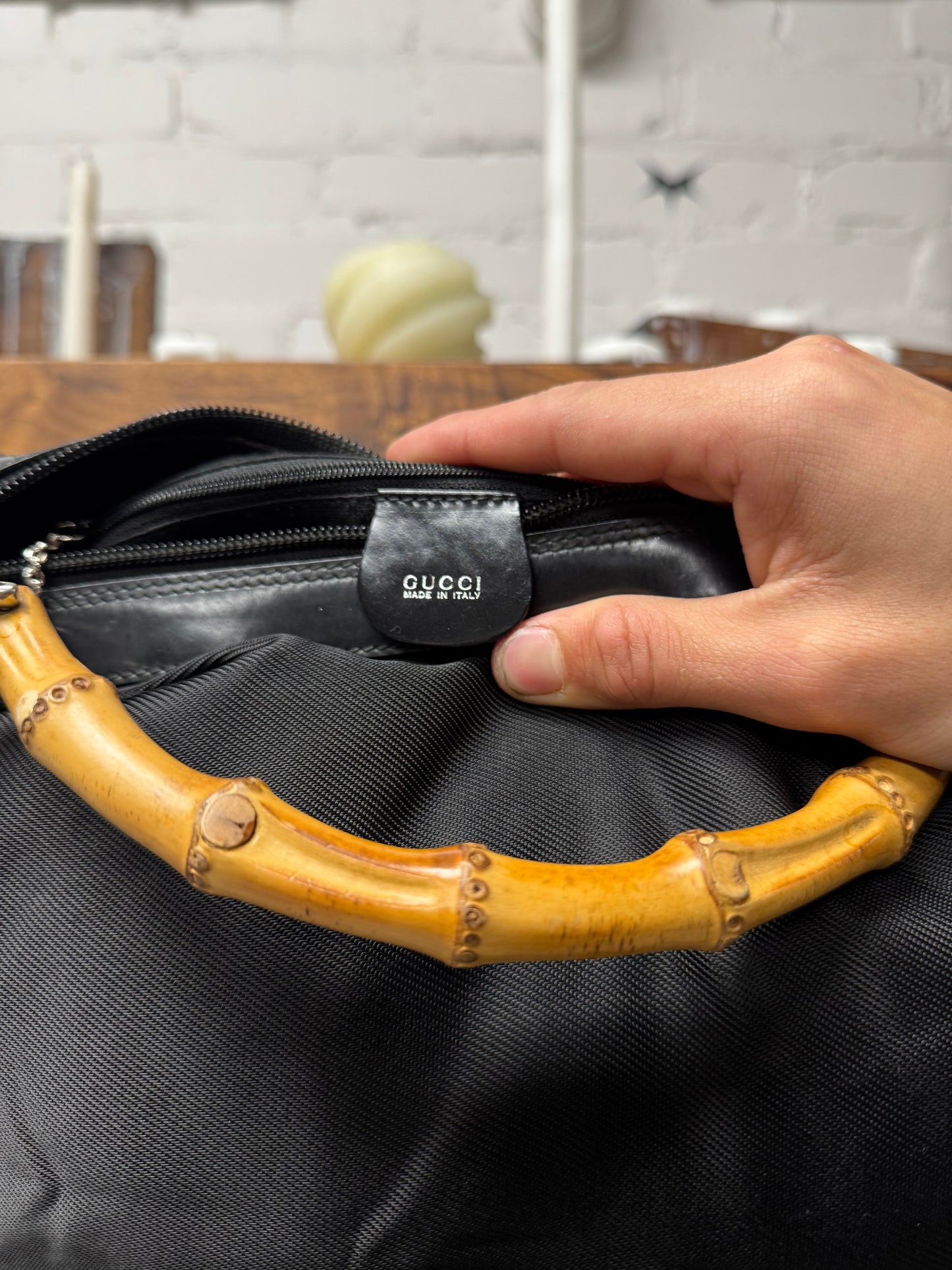 Vintage Gucci Black Nylon/Bamboo Handle ‘Hobo’ Shoulder Bag