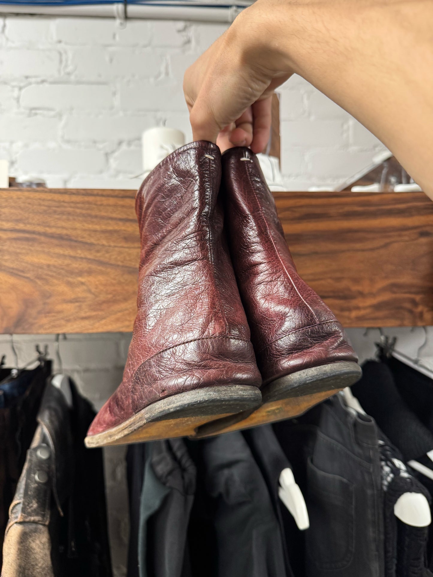Maison Margiela ‘Tabi’ Split Toe Oxblood Red Leather Flat Sole Boots