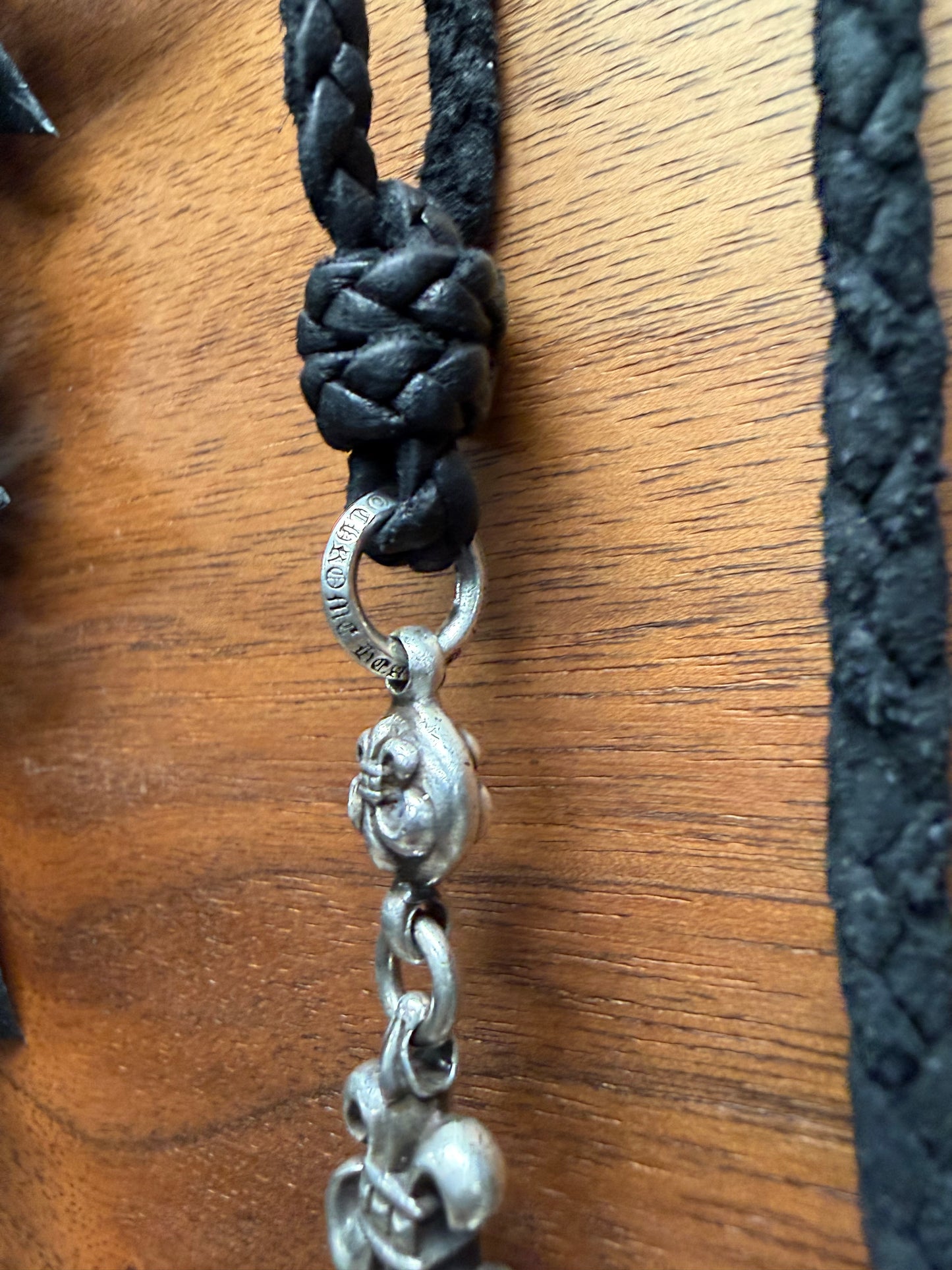Chrome Hearts ‘Fleur De Lis’ Double Bail Pendant + Braided Leather Rope Necklace