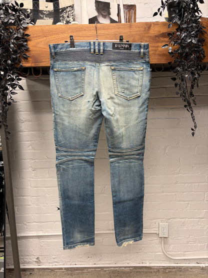 2010s Balmain ‘Biker Knee’ Distressed Blue Skinny Jeans