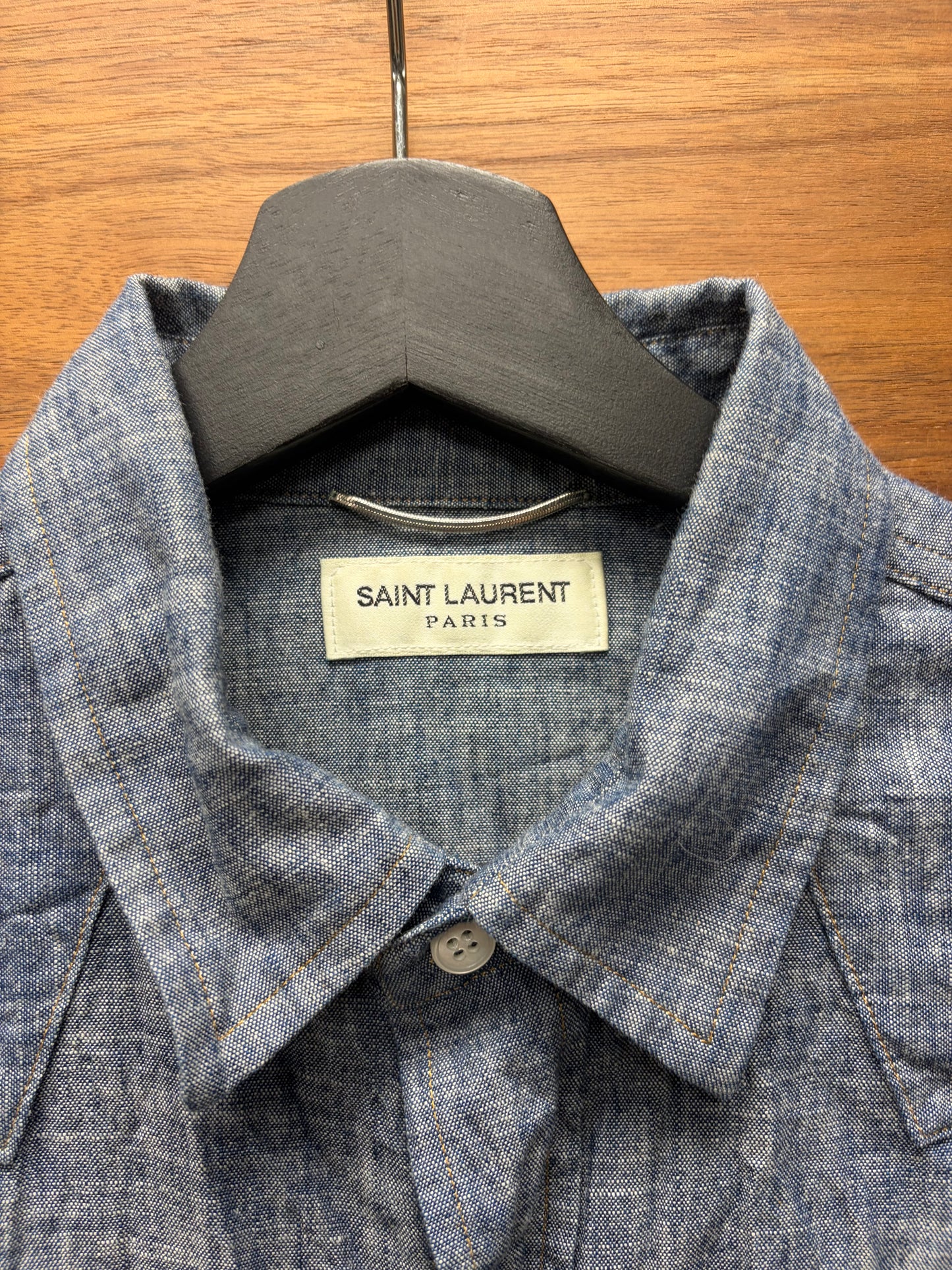 Saint Laurent Pearl Button Snap Blue Denim Shirt