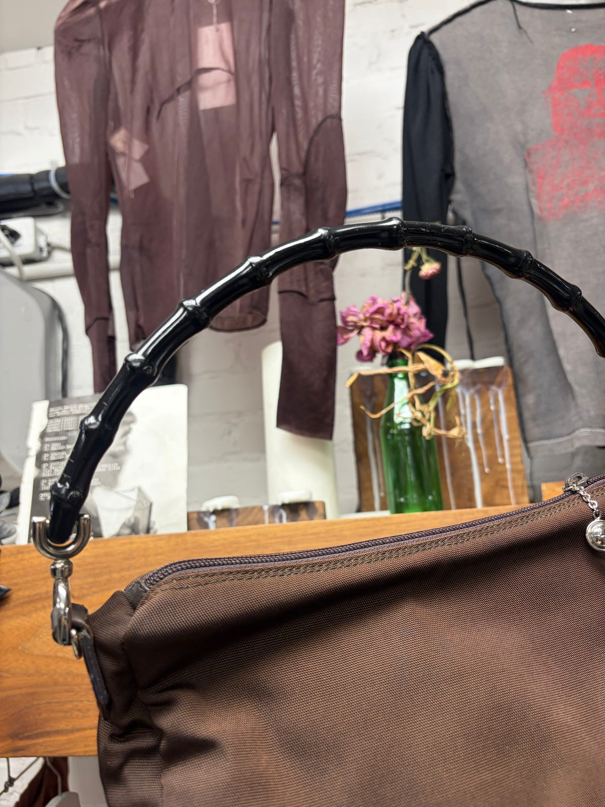 Gucci Brown Nylon Bamboo Handle Wood Mini Bag