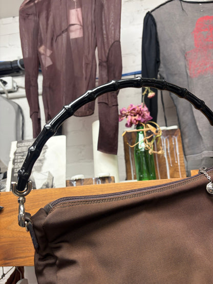 Gucci Brown Nylon Bamboo Handle Wood Mini Bag