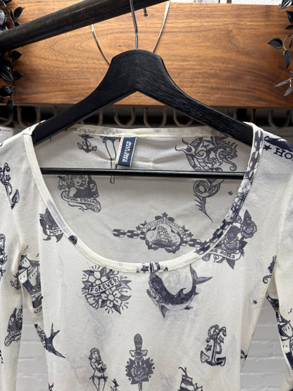 Vintage Jean Paul Gaultier American Traditional ‘Tattoo’ Mesh Long Sleeve Shirt